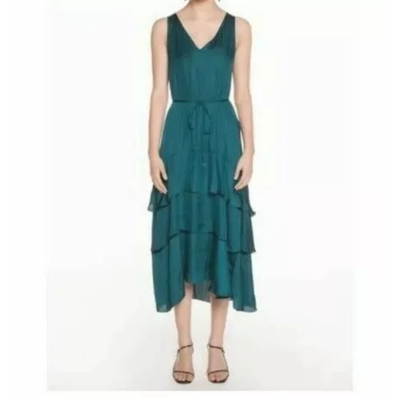 VERONIKA MAINE DARK TEAL SOFT SATIN TIERED TIE MIDI DRESS *NEW* 12 14 cue - Picture 3 of 3